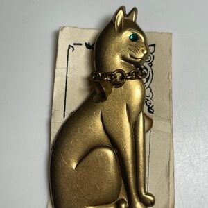 Vintage Gold Tone Cat Brooch Green Eyes Bell